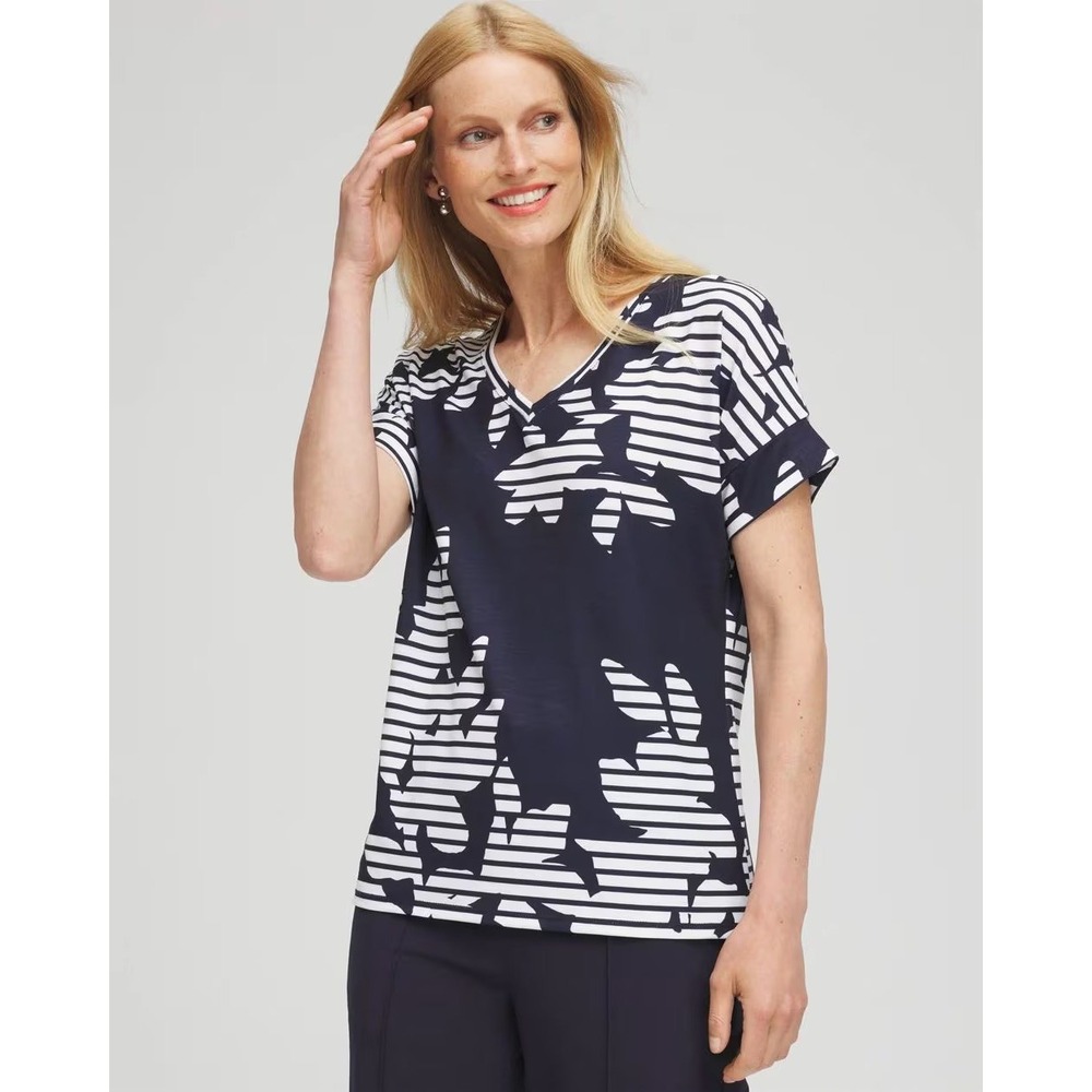 Chico's Navy Blue White Abstract Floral Striped V-Neck Tee Size 3 US XL Zenergy